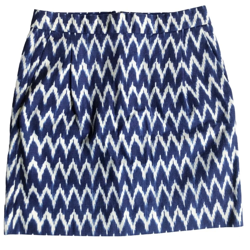 J.Crew Ikat Mini Skirt Blue Ivory Chevron Cotton Sz 0 Preppy Summer Coastal